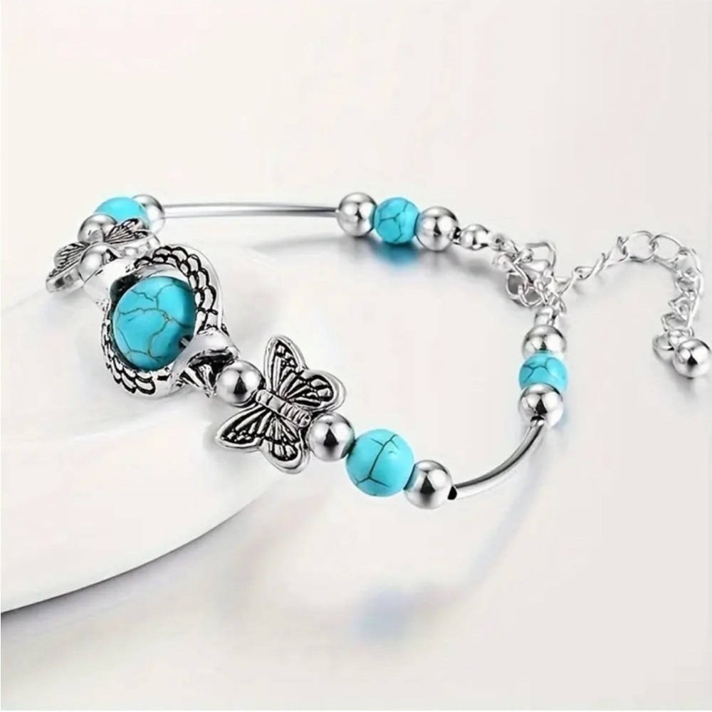 Silver Butterfly Turquoise Bracelet - Picture 3 of 5
